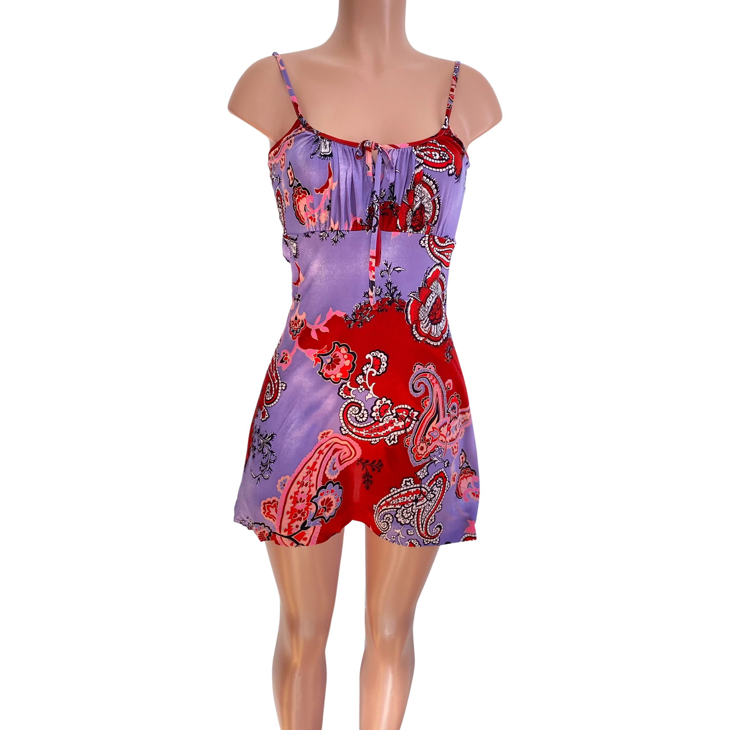 red purple print silk slip dress