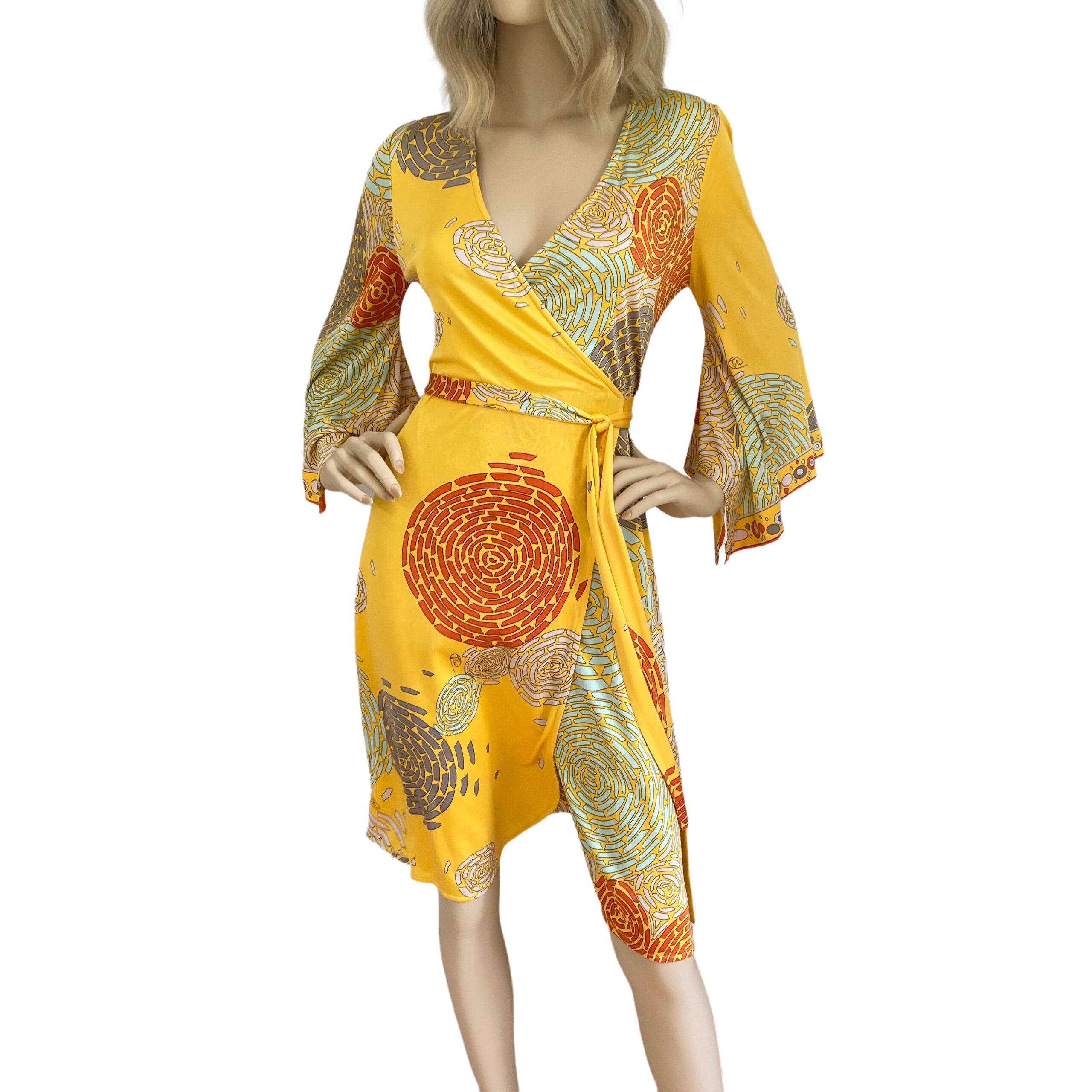 flora kung silk print yellow wrap dress with kimono sleeves