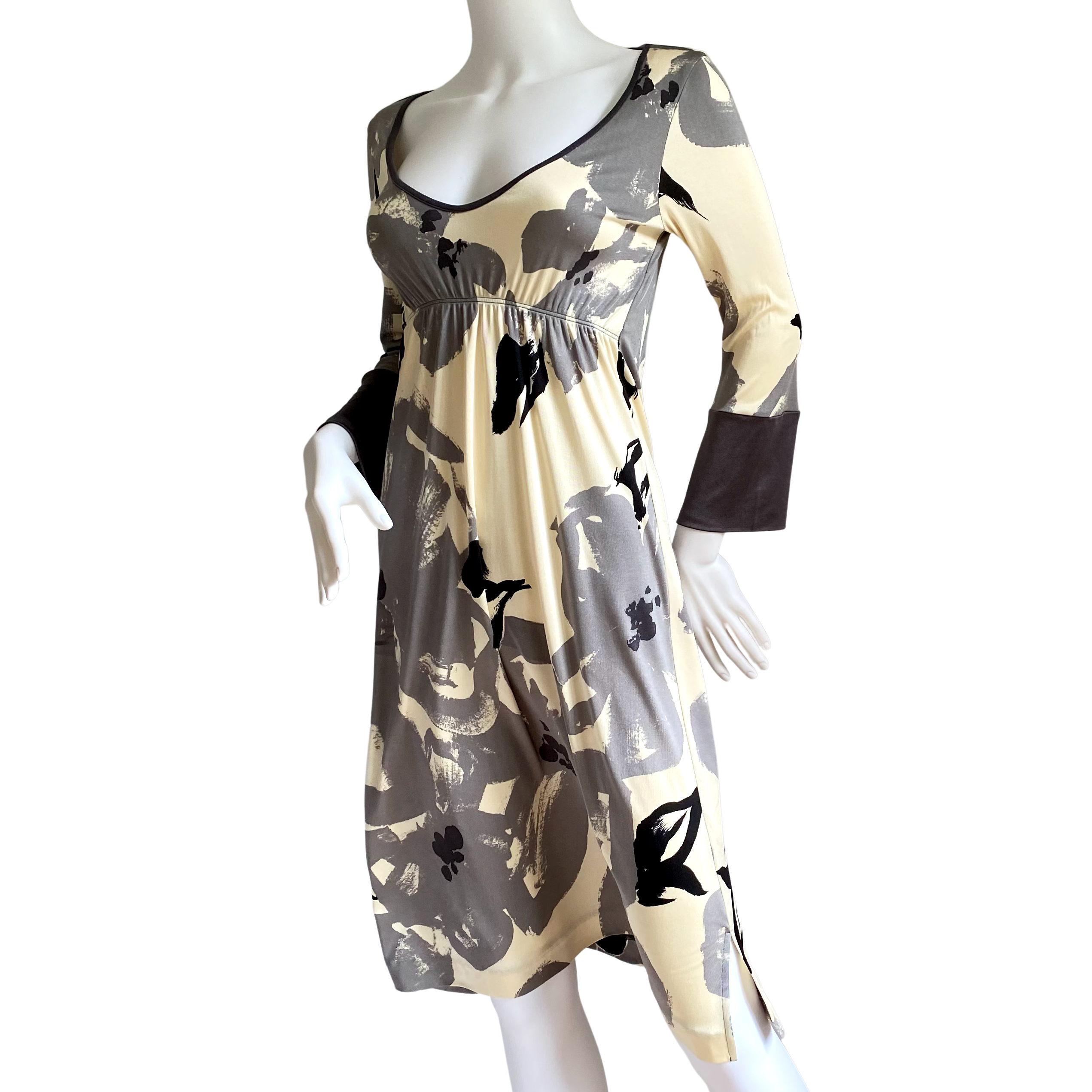 gray print plunge v-neck silk dress 
